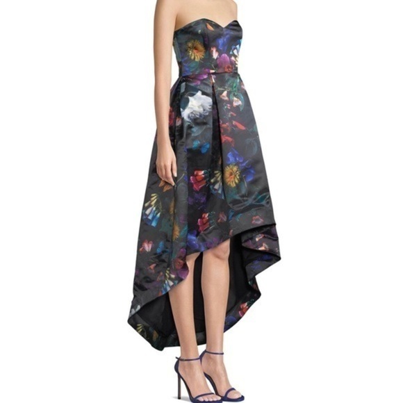 Parker Black Floral Strapless Satin Dress - Picture 3 of 4
